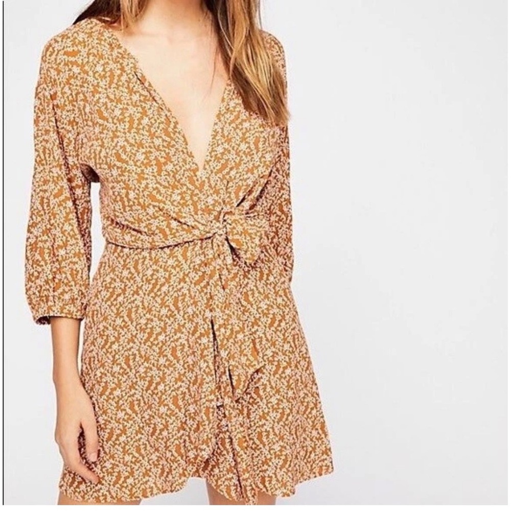 NWT Free People Small Clara Mustard Brown Floral Balloon Sleeve Mini Dress Tunic